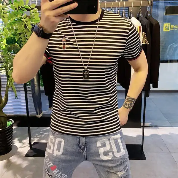 

2021 summer embroidery stripe short sleeve t-shirt men's slim fitting men's round neck half sleeve