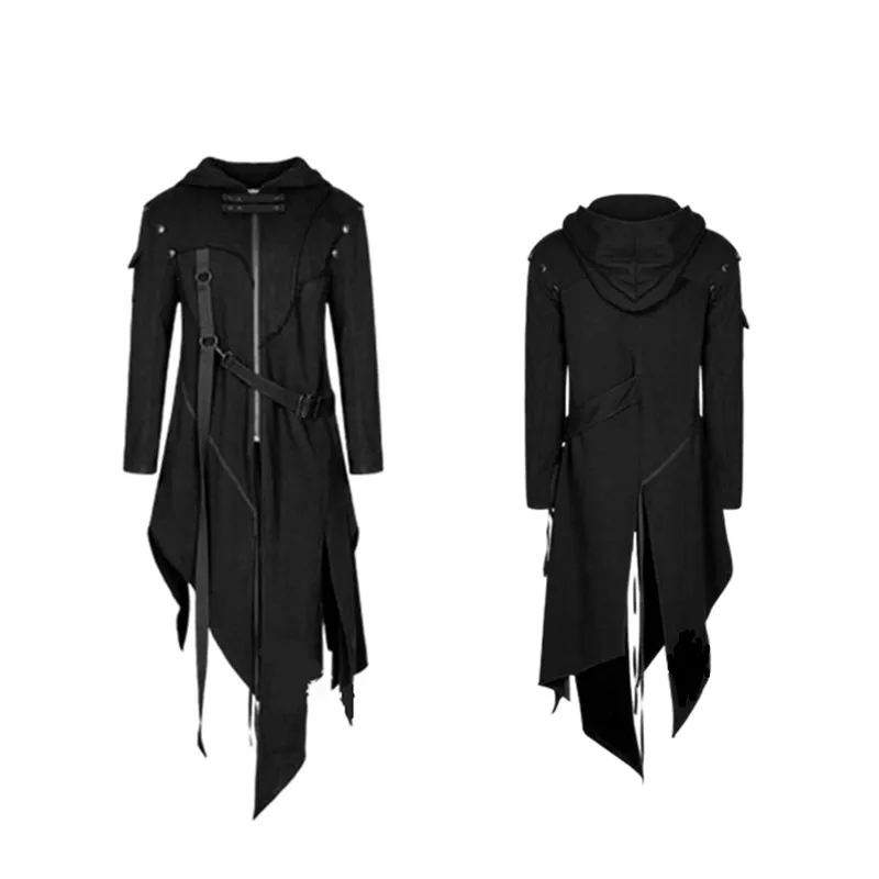 

S-5XL Gothic Mandarin Coat Gothic Medieval Renaissance Irregular Hooded Samurai costume Windbreaker Jacket Zip Hooded Coat