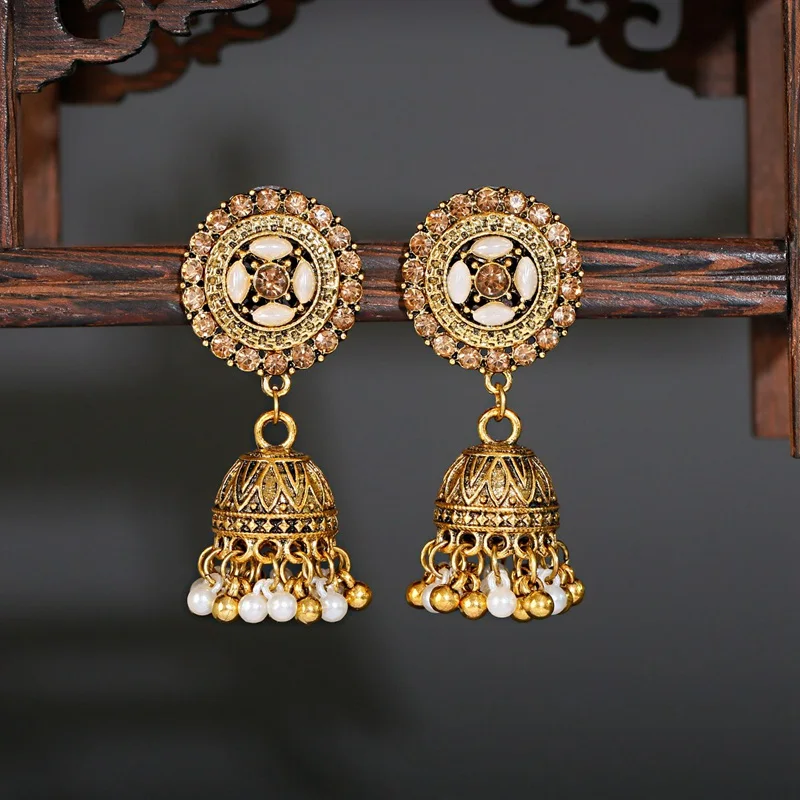 

Vintage Yellow CZ Stone Beaded Earrings For Women Indian Jewelry Thailand Ethnic Flower Earrings Hangers