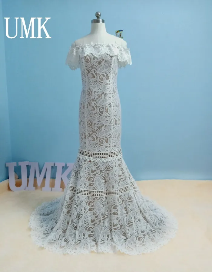 UMK, сексуальное богемное свадебное платье русалки, с открытыми плечами, с вырезом лодочкой, Vestido De Noiva, винтажные богемные Свадебные платья цвета шампанского - Цвет: Шампанское