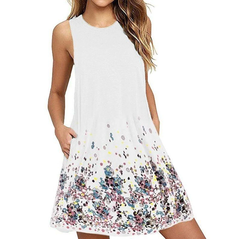 Женское платье без рукавов летнее трапеция из смесового хлопка с цветочным