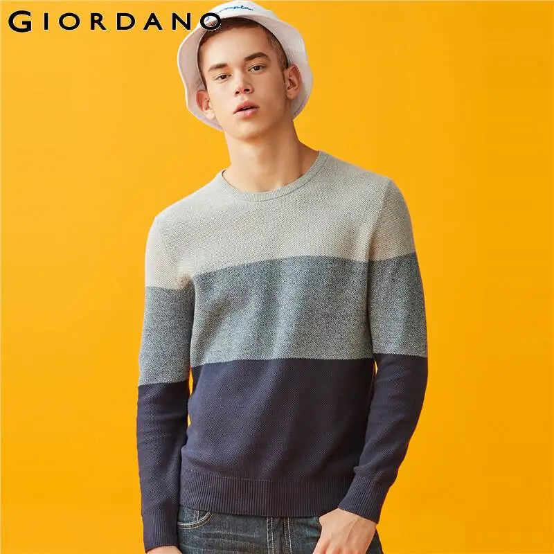 Giordano мужские свитера контрастный круглый вырез, длинный рукав трикотажный пуловер ребристые манжеты и отворотом Blusa De Frio Masculino 90059881