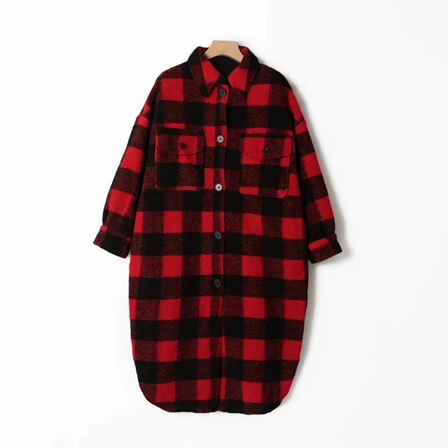 

Women's Red Plaid Woolen Mid-Length Coat Ladies Warm Jacket Female Turn-Down Collar Pockets Long Outweartops 2021 Autumn Winter