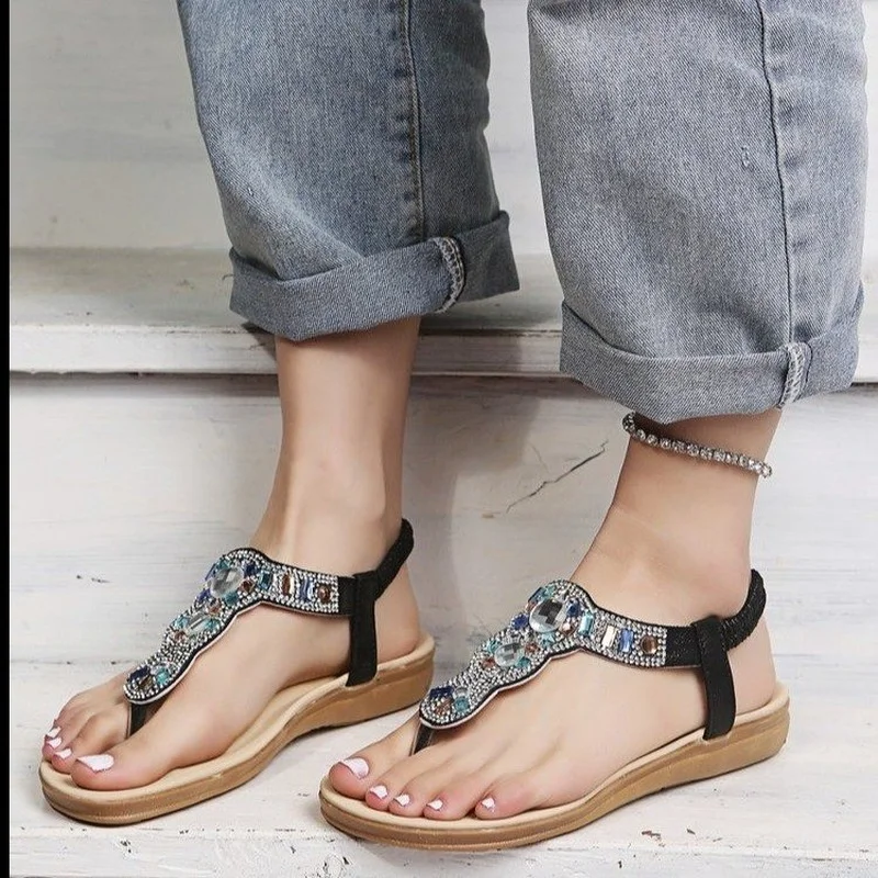 

2021 New Ladies Sandals All-match Fashion Large Size Rhinestone Casual Outdoor Beach Shoes Slip-on Women's Sandals Gladiator