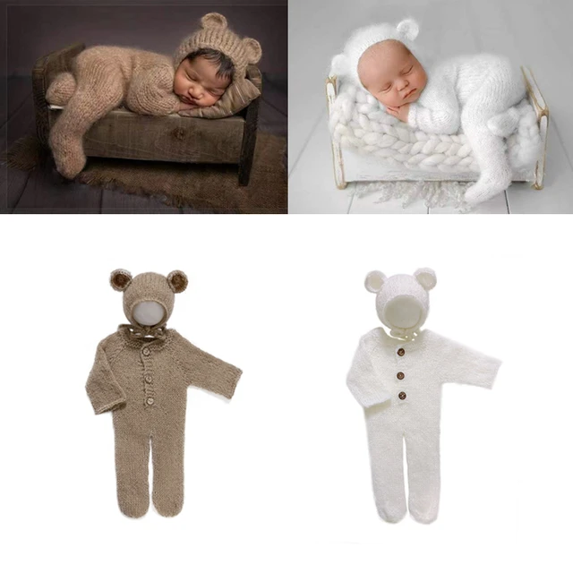 ❤️Newborn Photography Clothing Mohair Bear Ear Hat+Jumpsuits 2Pcs/set Studio Baby Photo Prop Accessories Knitted Clothes Outfits 1