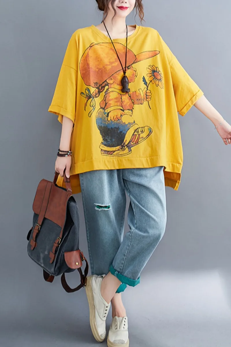 

XUXI Cotton TShirt Summer 2020 Women O-Neck Fashion Printing Casual Half Sleeve Thin T-Shirt Large Size Kawaii Streetwear FZ2435