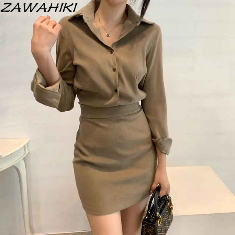 

ZAWAHIKI Vestido De Mujer Autumn French Vintage Buttons A Line Mini Dresses Turn Down Collar Slim High Waist Bag Hip Dress Women