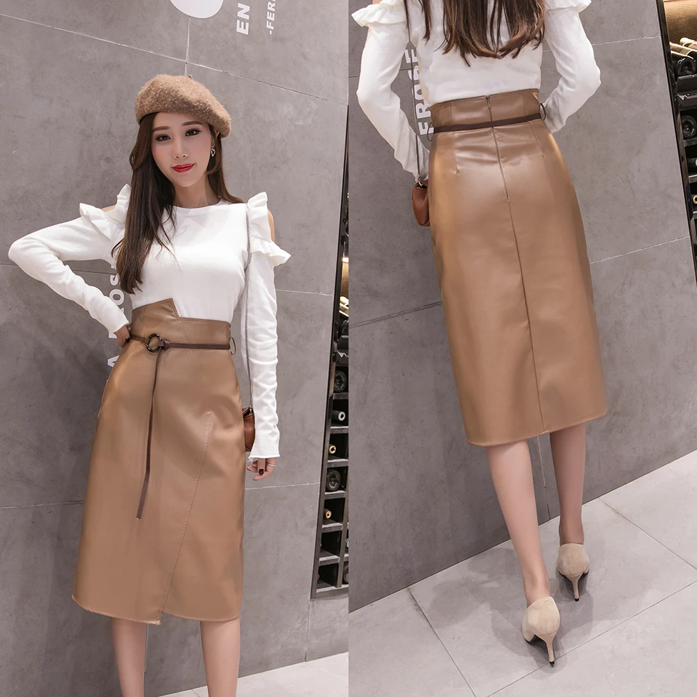 Женская юбка с высокой талией из искусственной кожи черные цвета хаки женские