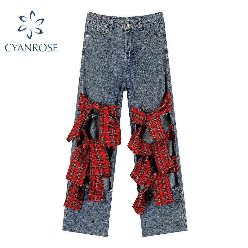 

Модные Винтажные женские джинсы с высокой талией, уличная одежда в стиле Харадзюку, подходящие Лоскутные рваные выпрямляющие женские джинс...