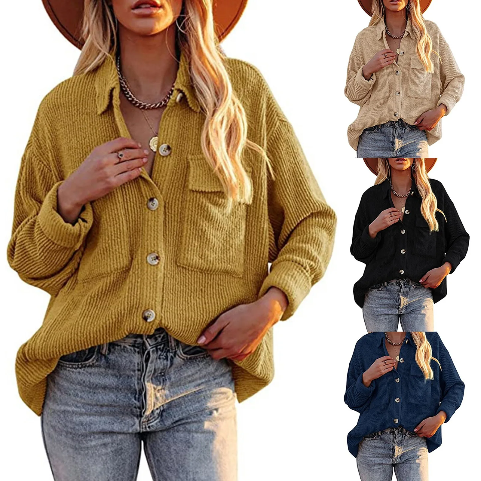 

Collared Color Corduroy Button Shirt Womens Long Solid Casual Jacket Pocket Down Jacket Sleeve Women's Coat