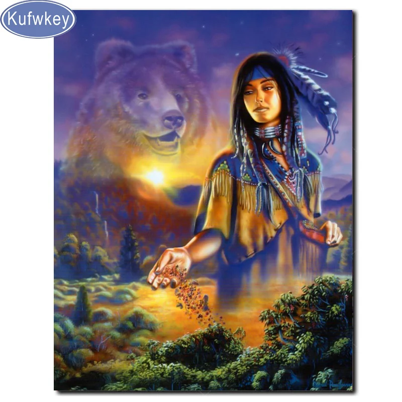 

Full round Diamond Embroidery Indian Woman and bear Diy diamond Painting Cross Stitch Decorative Picture of Rhinestone Mosaic 3d