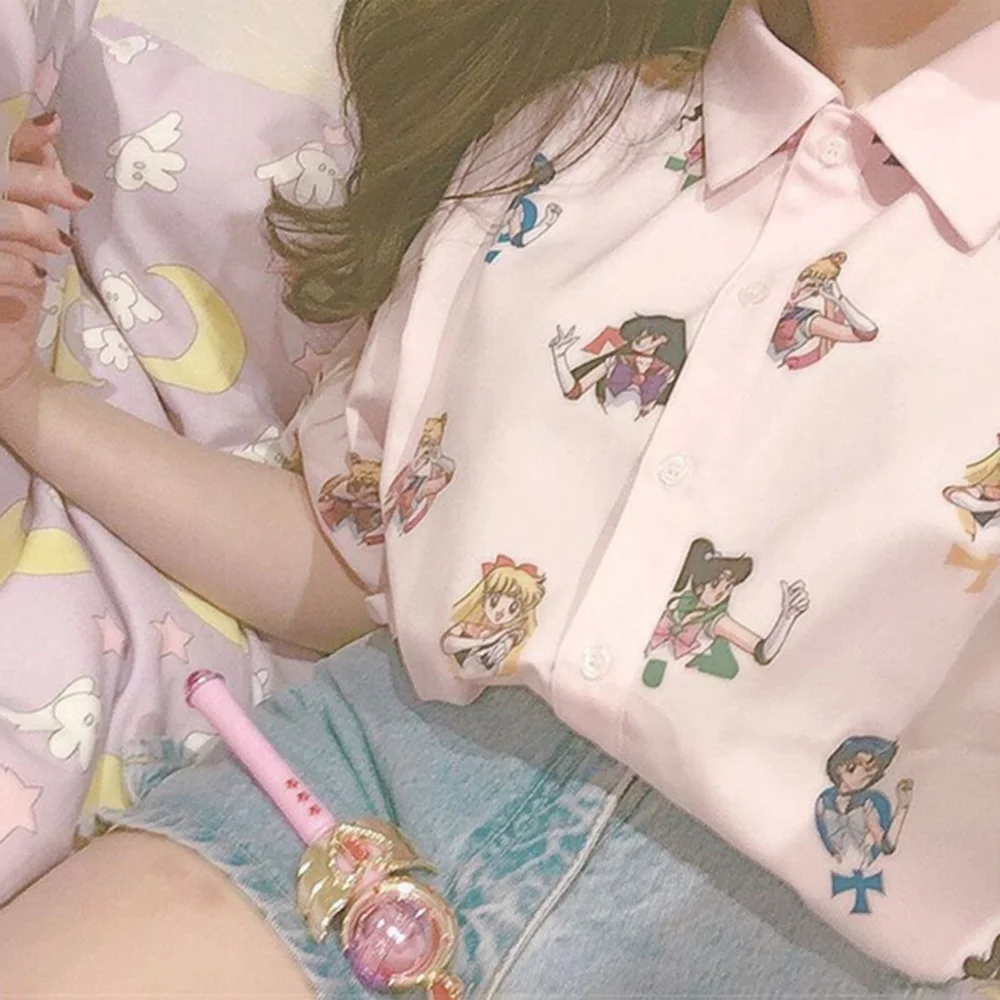 Сейлор Мун розовый короткий рукав рубашки Harajuku футболка женская одежда 2019