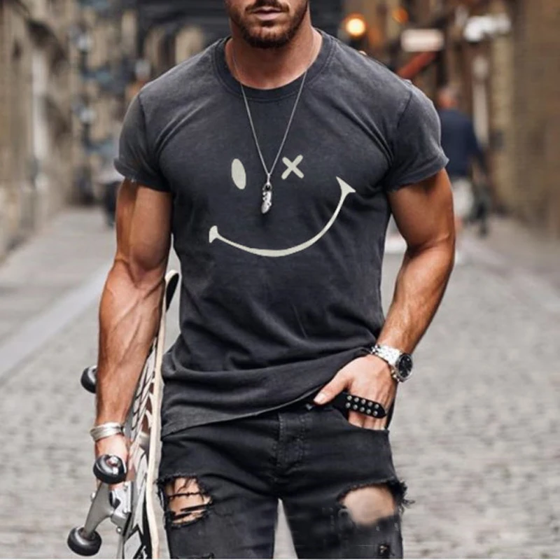 

2021 Summer Casual Short Sleeve T-Shirts For Mens Fashion Smiley Face Print O-Neck Pullover Tops Plus Size Male Tee Streetwear