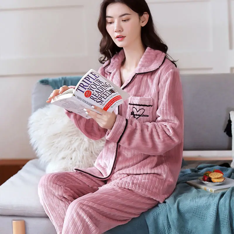 pijamas women sets Пижамы женские коралловые флисовые толстые фланелевые однотонные теплые пижамы женские толстые зимние домашние костюмы Пижамный костюм домашние пижамы XXL XXXL - Цвет: pijamas women sets