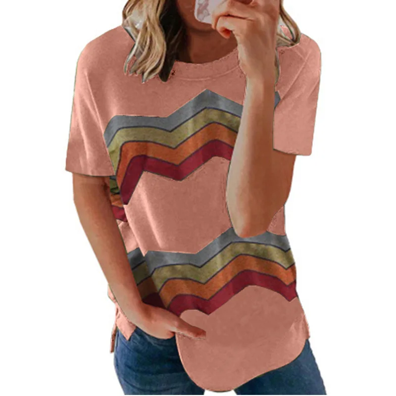 

FORERUN Woman T-shirts with Short Sleeve Rainbow Striped O Neck Summer Tee Shirts Simple Design Top Quality Dropshipping