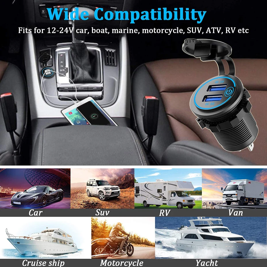 36W QC 3.0 Touch Switch Waterproof Universal Motorcycle Car Truck VAN Boat Dual USB Charger Socket For Phone Tablet DVR GPS | Автомобили и