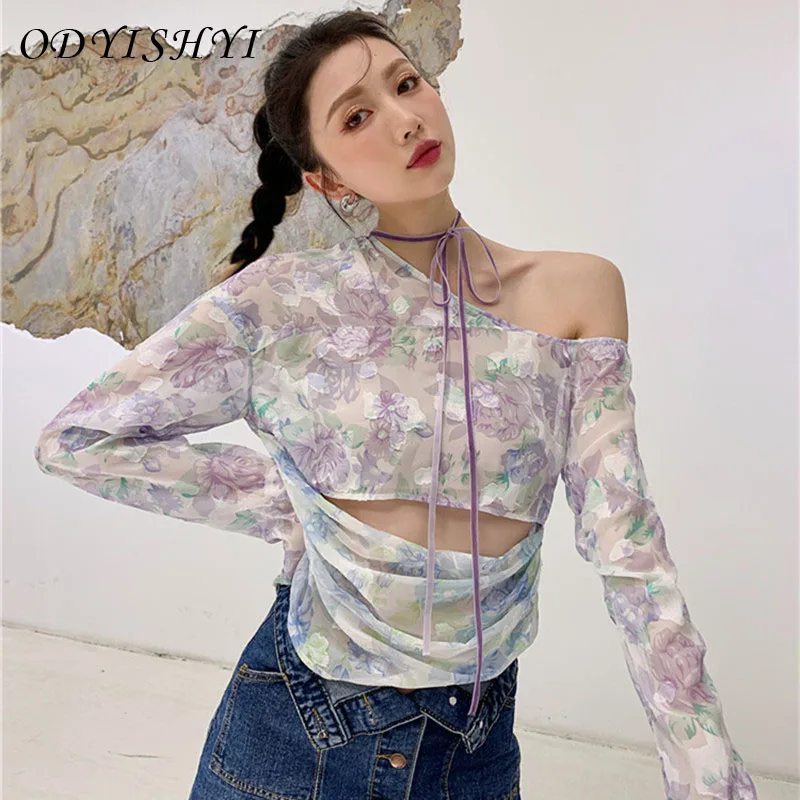 

Women Summer Designed Belt Hollow Out Floral Print T-Shirt Female High Street New Fashion Tees Ladies Sexy Skew Collar Top ML148