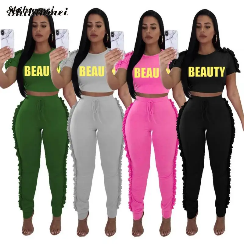 

Letter Print Women Tracksuit Sets Ruffles Ladies Outfits Spring Autumn Two Piece Set Long Sleeve Crop Top+Pants Suits Streetwear