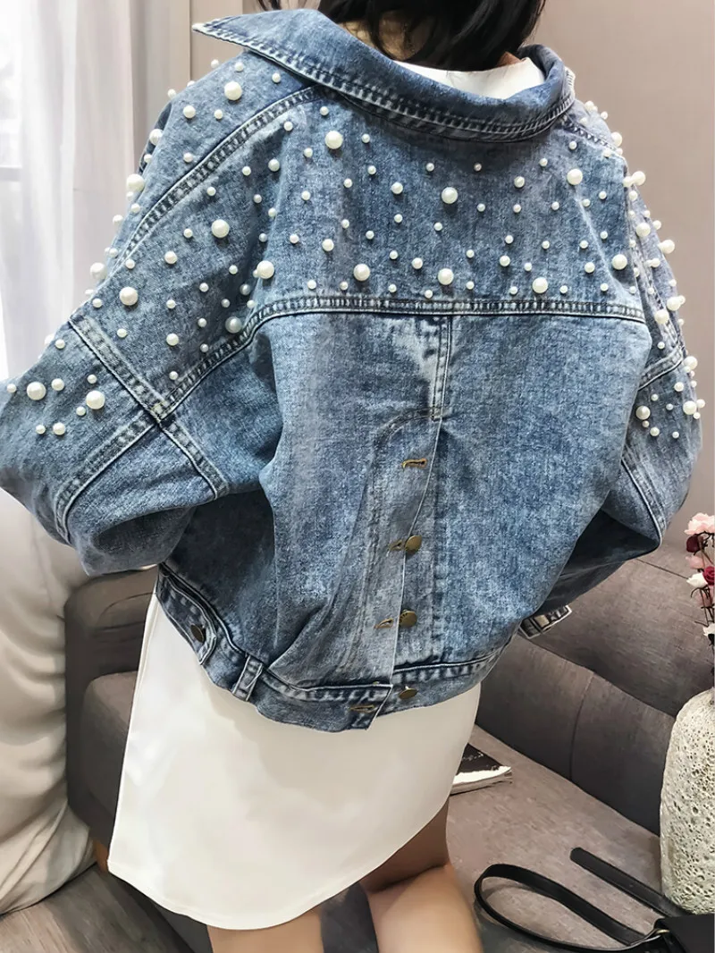 New Autumn Winter Fashion Casual Denim Jacket Loose Short Denim Jackets with Pearl Bat Sleeve Long Sleeves Coats Cheap Wholesale