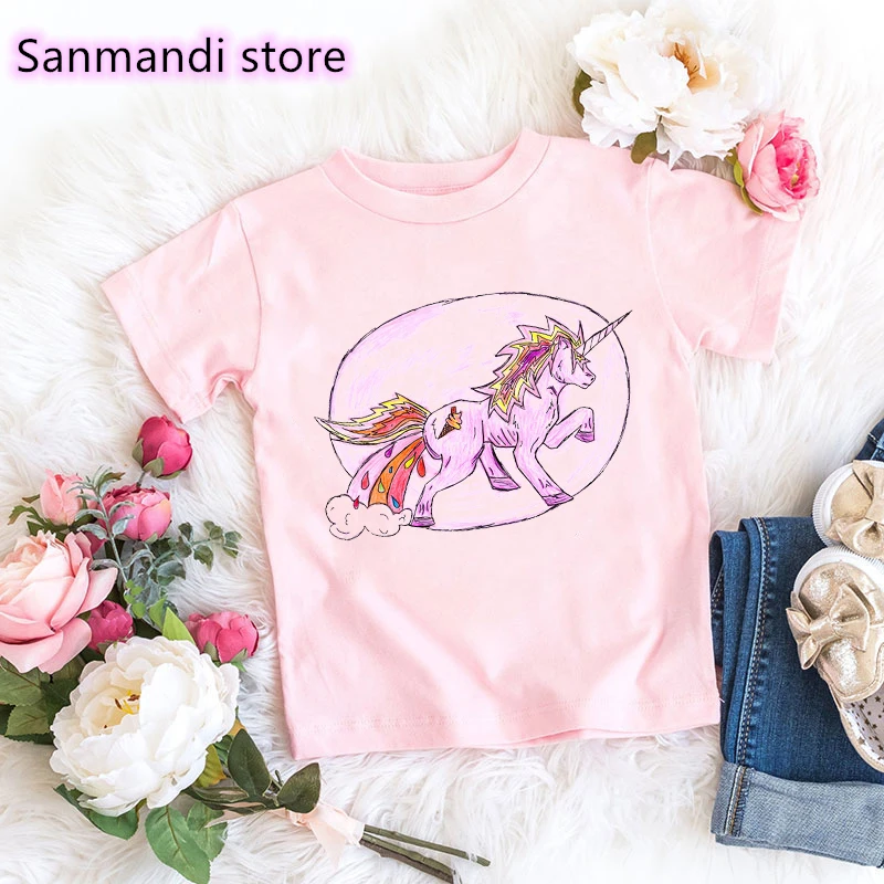 2021 Hot Sale Rainbow Unicorn Print Pink Tshirt Girl Kids Clothes Harajuku Shirt Kawaii Children Clothing Beautiful T-Shirt | Детская