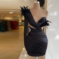 new sexy black prom dresses beading sequined feathers one shoulder mini cocktail dress for ladies robe de soir%c3%a9e femme