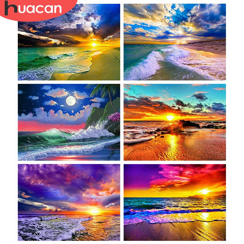 

HUACAN 5d Diamond Painting Seaside Landscape DIY Diamond Embroidery Cross Stitch Sunset Needlework Wall Art