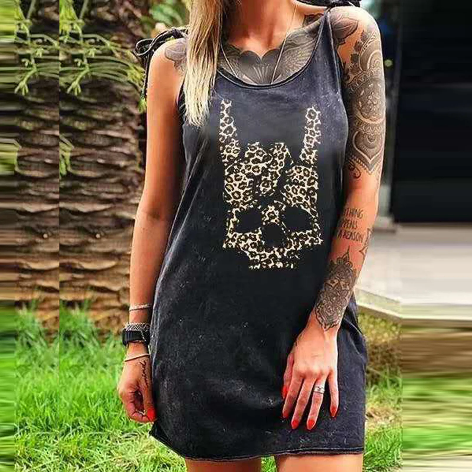 Женское винтажное платье на бретельках Повседневное с круглым вырезом и принтом