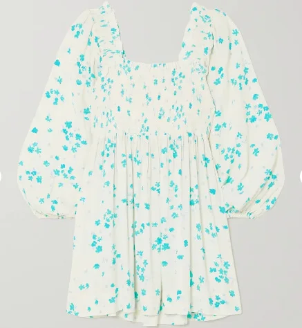 

Women Dress 2021 Summer New Blue Floral Print Elegant One-shoulder Pleated Short Dress