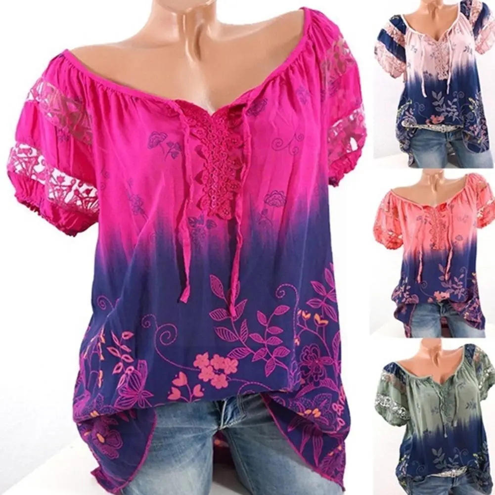 

2021 Summer New Fashion Ladies Short Sleeve Top Floral Shirts T-shirt Print Lace V-neck Tops Flower Short Outdoor Casual V9B4