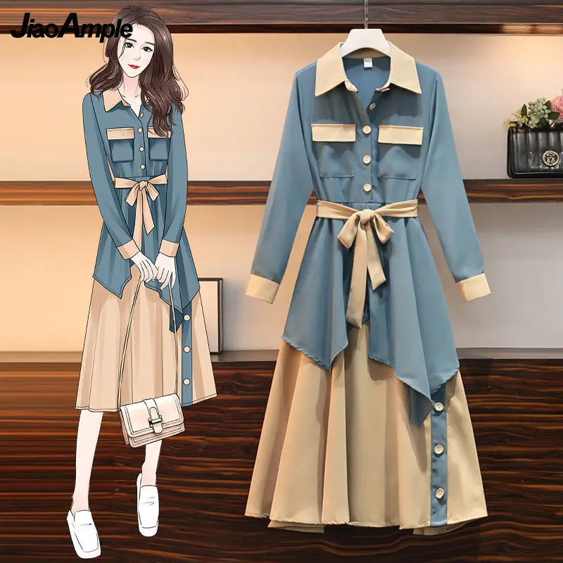 

Spring Autumn Women's Fashion Dress 2021 Polo Collar Patchwork Lace Up Bow Long Sleeve Dresses Lady Casual Trendy Streetwear