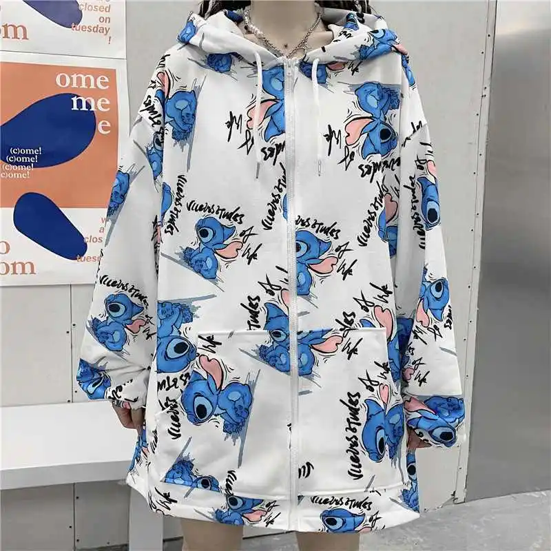

New Autumn Harajuku Hooded Cardigan Women's Retro Full Print Jacket Campus Style Trend Loose Bf Style