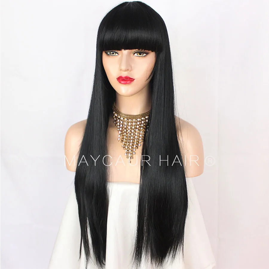 Maycaur Long Black Synthetic Hair Wigs with Bangs Glueless Straight Wig For Women 18-24 Inch | Шиньоны и парики