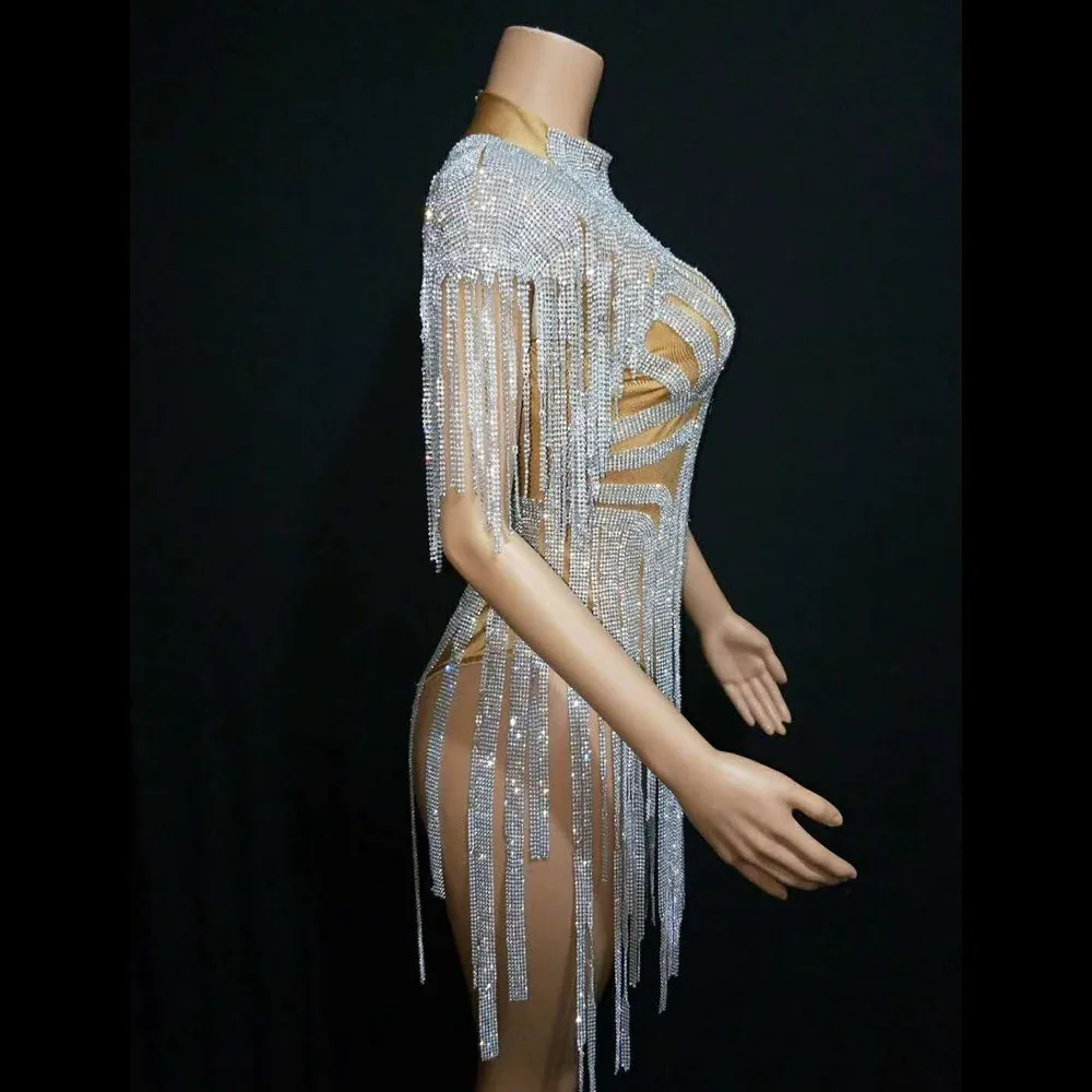 Shining Rhinestones Long Tassel Party Bodysuits Nightclub Sexy Fringes Leotard Women Jazz Singer Dancer Bodysuit Stage Clothing