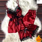 3 шт., Женский Сексуальный Атласный пижамный комплект, кружевной Пижамный костюм с ресницами, пижамный комплект без рукавов с V-образным вырезом, домашняя одежда для сна для женщин