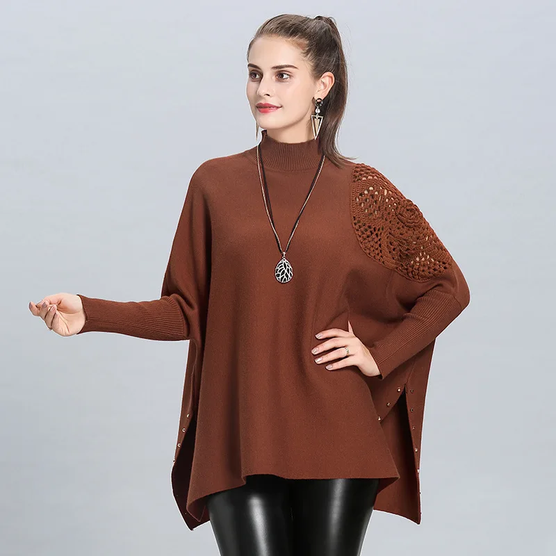 

2020 Spring Warm Knitted Loose Hollow Out Cape Sweater Autumn Pullover Fashion Women Bat Sleeve High Neck Poncho