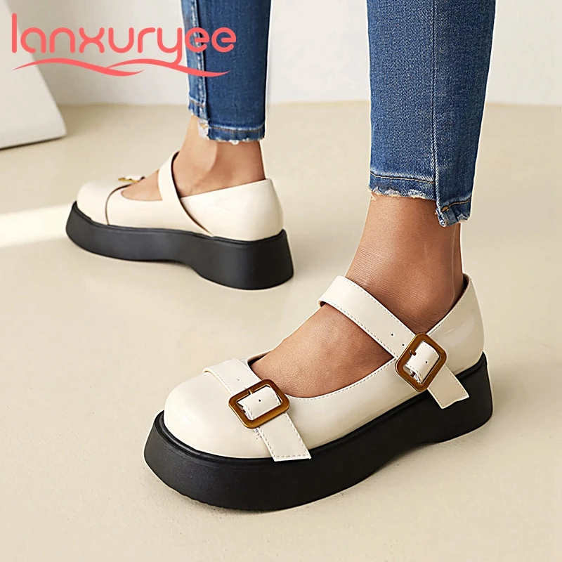 

Lanxuryee 2022 spring mary janes flat platform med heels shallow round toe belt buckle microfiber young lady vitality pumps l0f2