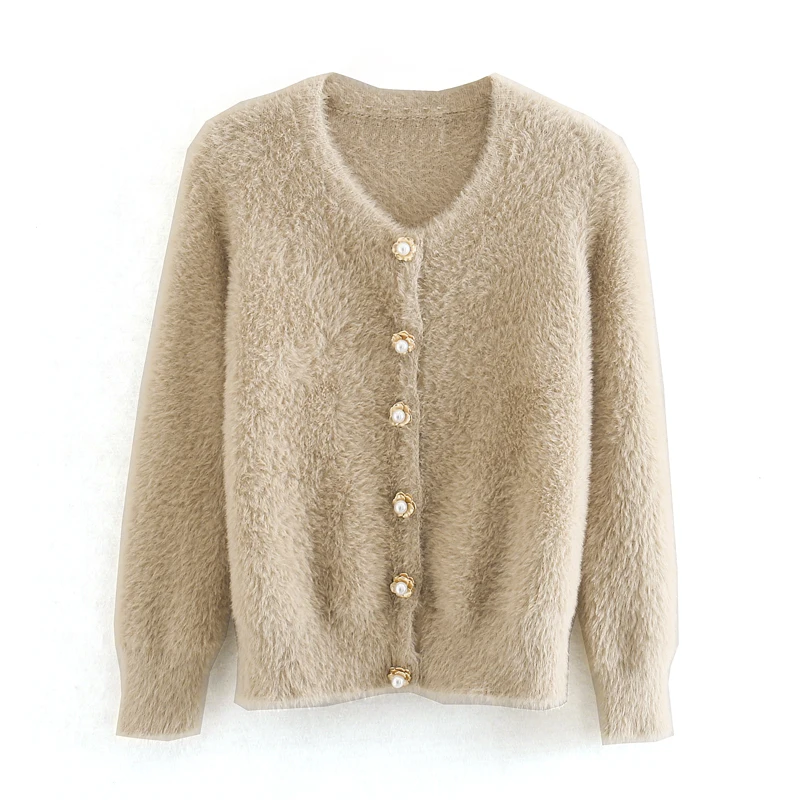 za 2019 mohair button decoration sweater women pearl long sleeve winter office lady ropa mujer elegant cardigan |