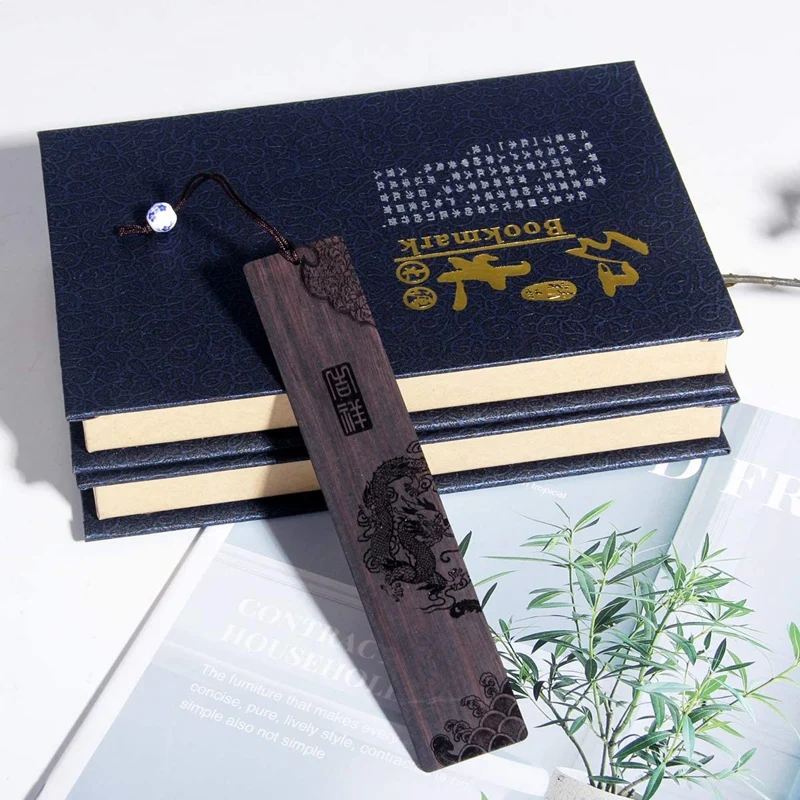 

Natural Wooden Bookmark with Ancient Chinese Characters, Dragon and Phoenix Pattern, Gift for Teacher, Student