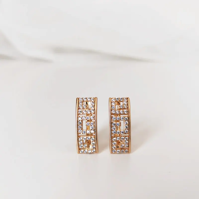 Earrings color 585 rose gold zircon inlaid wedding jewelry anniversary gift fashion exquisite shiny classic small earrings | Украшения и