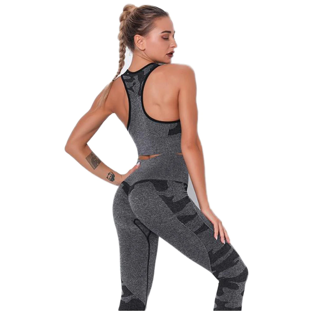 Камуфляжный зеленый розовый бесшовный комплект для йоги камуфляжная спортивная