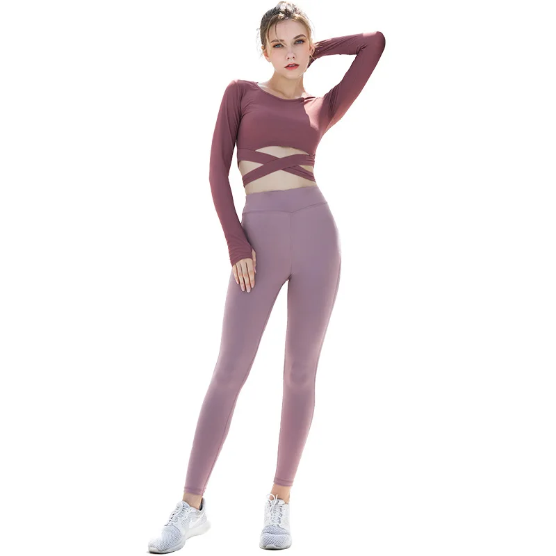 Женский бесшовный спортивный костюм для йоги однотонный комплект одежда