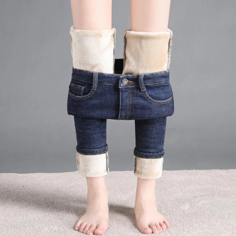 

Woman Winter Warm Denim Jeans High Waist Casual Velvet Slim Fit Pencil Pants Full Length Black Trousers AM3407