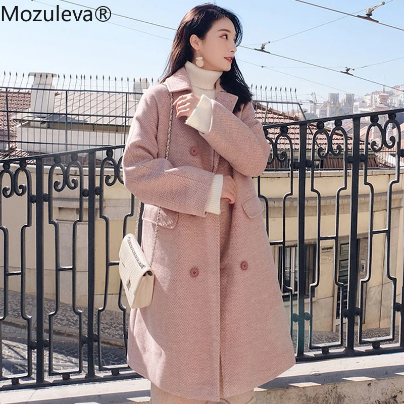 Женское шерстяное пальто Mozuleva длинное двубортное с отложным воротником и