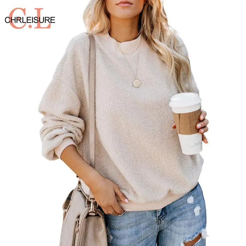 CHRLEISURE Autumn Winter Women Sweater Pullover Soft Warm Tops Female O-neck Long Sleeve Basic Fur Teddy 2019 | Женская одежда