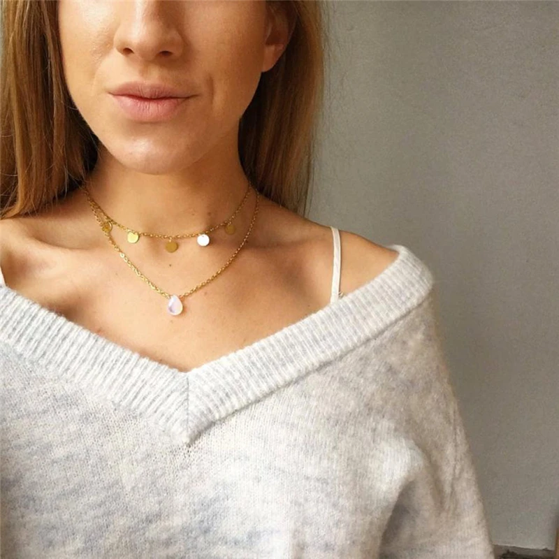 

Elegant and simple personality ladies alloy opal necklace sequins drop pendant casual party clavicle necklace jewelry