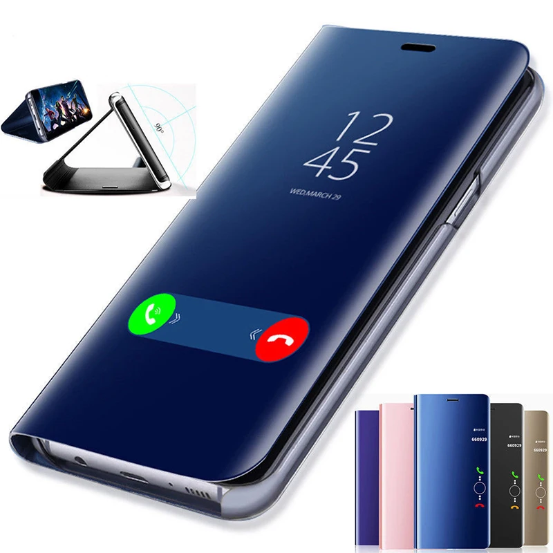 Умный флип чехол для телефона Xiaomi Mi Note 10 Lite Pro 9T A1 A2 8 SE Redmi 9 9A 9C зеркальный с полной