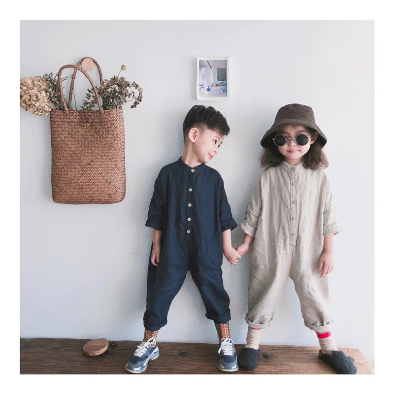2022 Spring Autumn boys girls solid color linen long sleeve jumpsuits Korean style Toddler Kids soft loose bodysuits 1-7Y