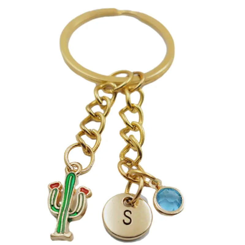 

Cactus Exquisite Initial Letter Birthstone Keychains Keyring Gold Fashion Jewelry Women Gifts Accessories Pendants