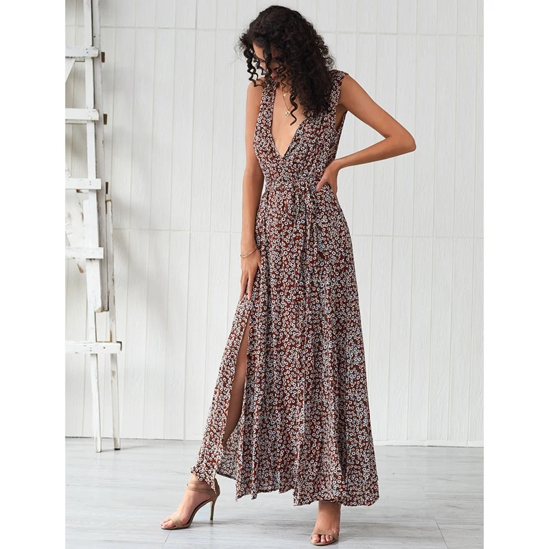 

Floral Print Summer Dress Women Deep V Belt Maxi Long Dresses Ankle-Length Holiday Beach Dress