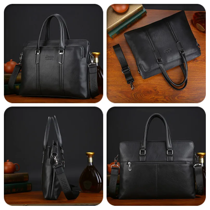 JEEP BULUO Men  Fashion Shoulder PU Leather Business Bags Handbags Black Bag Men For Document Leather Laptop Briefcases Bag